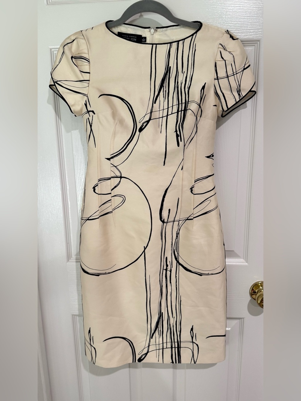 Teri Jon Cream Dress with Black Abstract Line Print